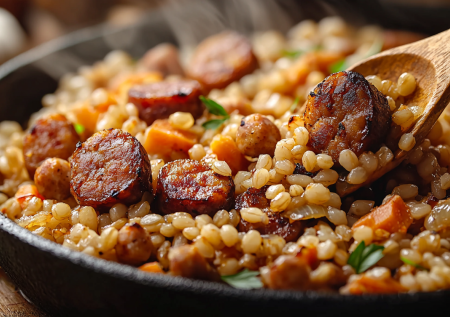 На замену надоевшим гречке и рису! Плов из перловки с колбасками — вкуснота