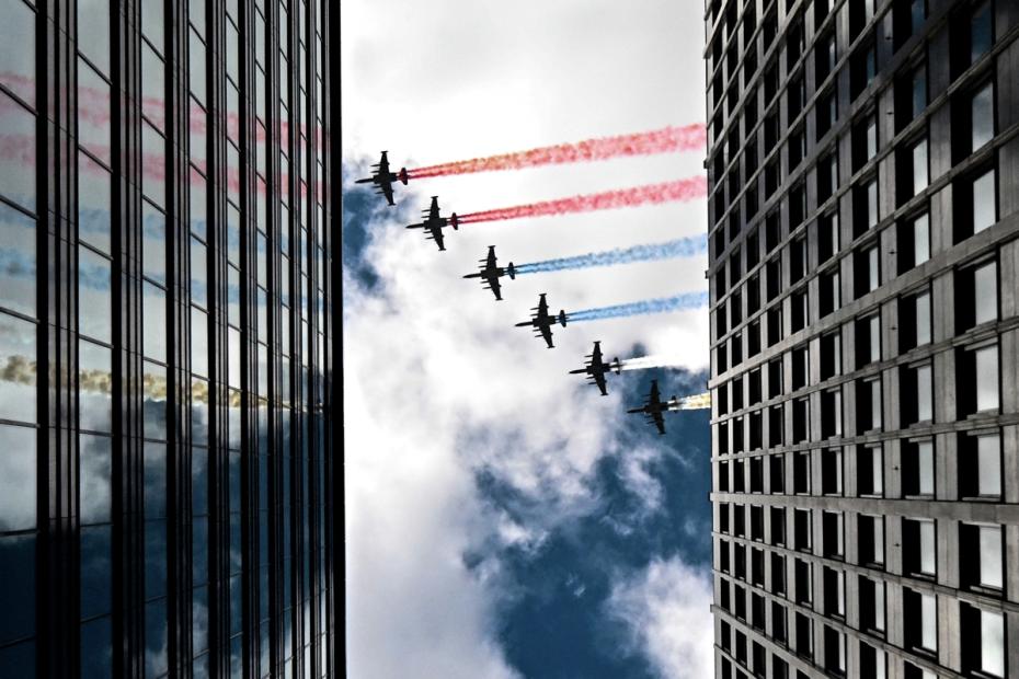 Штурмовики Су-25 на репетиции воздушной части парада в Москве в честь 80-й годовщины победы в Великой Отечественной войне