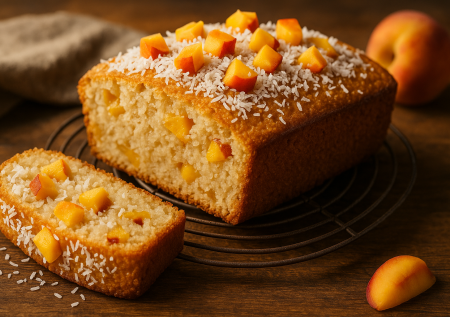 Ароматный кекс-манник с кокосом и персиками! Вкуснятина к чаю за полчаса