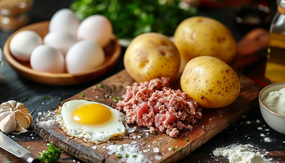 Для приготовления блюда понадобятся фарш, картошка, яйца и сыр