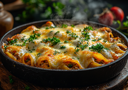 Ракушки с мясной начинкой под сырным соусом — ресторанное блюдо дома!