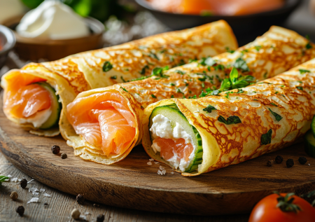 Красивый завтрак за 20 минут! Рисовые блинчики с лососем и сыром — вкуснота