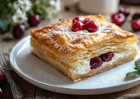 Самый быстрый десерт: печем слойки с вишней и творожным сыром за 20 минут!
