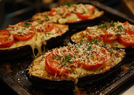 Невероятно вкусно: лодочки из баклажанов с сыром и томатами за 20 минут!