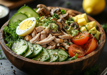 Станет хитом застолий! Салат из копченой курицы и грибов с авокадо-соусом