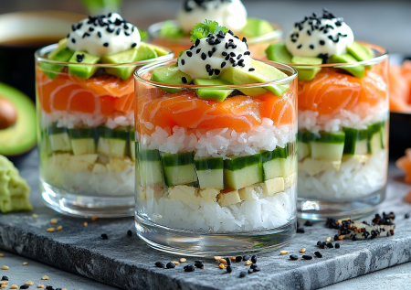 Закуска в креманках «А-ля роллы» с рисом и рыбкой! Простая и очень вкусная
