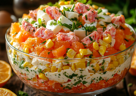 Так точно не смешивали! Салат с крабовыми палочками и апельсином — вкуснота