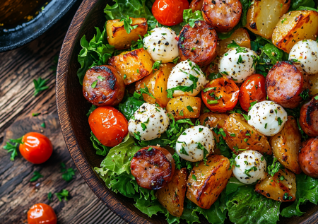И салат, и основное блюдо! Смешиваем картошку, колбаски и овощи — вкуснота