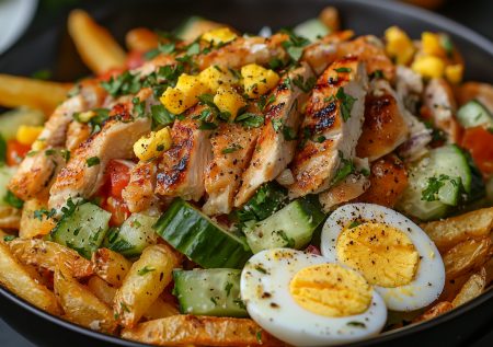 Салат с картошкой фри и курицей! Идеален летом — много зелени и сытный