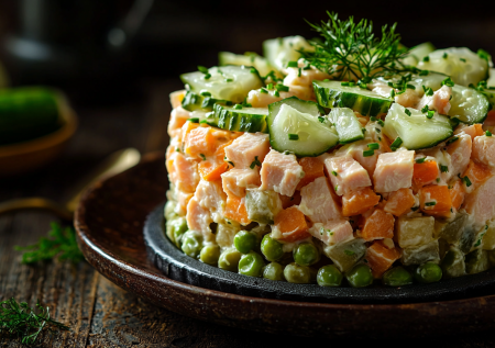 «Оливье» с копченой грудкой и соусом из желтков! Вкусно и не уйдет в бочка