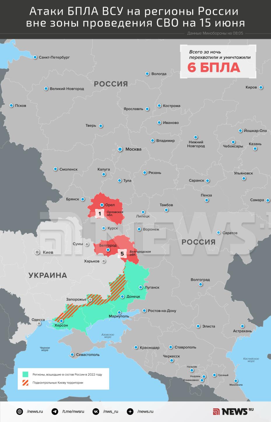 Карта атак БПЛА ВСУ на регионы РФ на 15 июня: инфографика