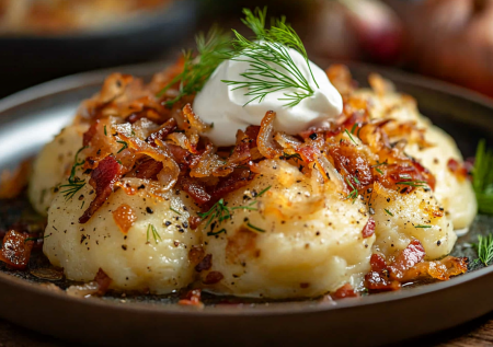 Ленивые картофельные вареники с зажаркой из грудинки! Быстрая вкуснятина