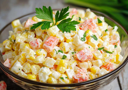 Он не выходит из моды: кукурузный салат с крабовыми палочками