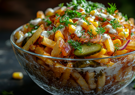 Салат из картошки фри с карамельным луком и овощами! Вкуснятина без мяса