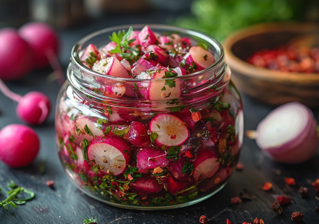 Низкокалорийная, хрустящая, слегка острая закуска: маринованная редиска