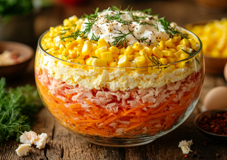 Простой, но вкусный салат «Рыжик» — курица, крабовые палочки и сыр