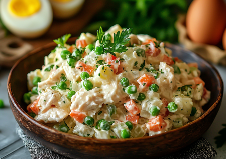 Неизменно популярный и конкурент оливье! Салат «Столичный» с курицей