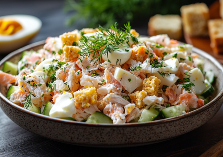 Салат «Крабье» с копченой курицей и сухариками! Стол ломится, а едят его