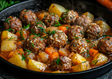 Быстро и на одной сковороде! Картошка с рисовыми ежиками в томатном соусе