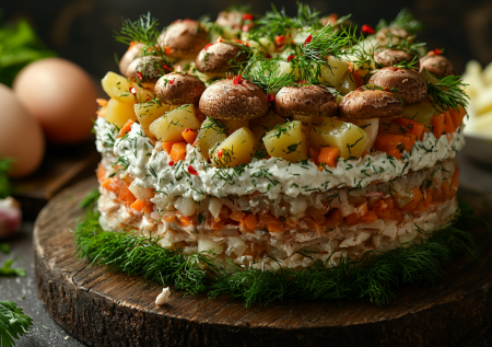 Салат «Грибная поляна» с курицей и солеными огурцами! Идеально на праздник