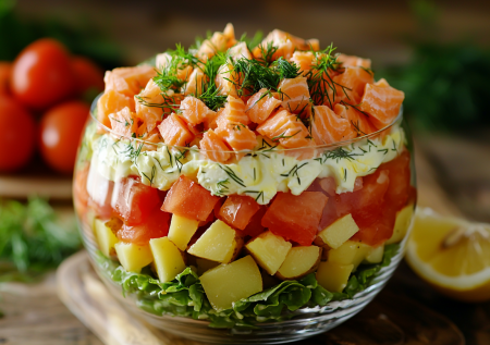 Салат «Бриз» с консервой красной рыбы и картошкой! 4 продукта и без мороки