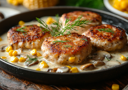 Шедевр из нехитрых продуктов! Куриные котлеты с кукурузой и грибным соусом