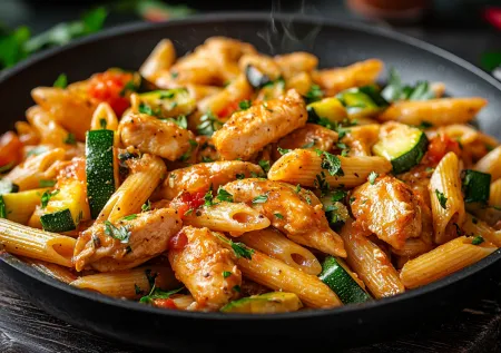 Макароны с курицей и кабачком: все в одной сковороде — проще некуда