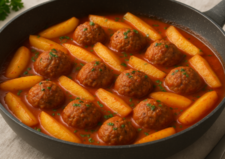Картошка с рисовыми ежиками в томатном соусе — быстро и вкусно