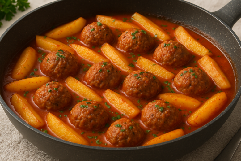 Картошка с рисовыми ежиками в томатном соусе — быстро и вкусно