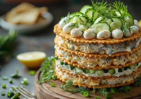 Закусочный торт из крекеров и рыбных консервов! Чудо-закуска поразит всех