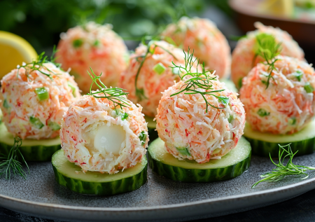 Крабово-сырный салат в шариках — очень вкусно! Подаем на колечке из огурца