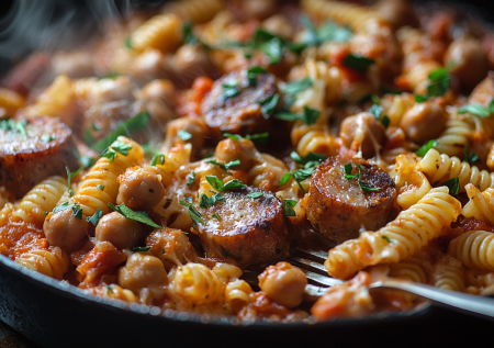 Макароны с сосисками и нутом на одной сковороде! Вкуснятина на скорую руку
