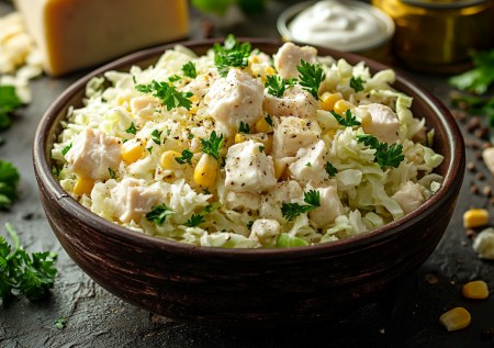 Простой салатик с плавленым сырком, капустой и курицей! Фишка — в заправке