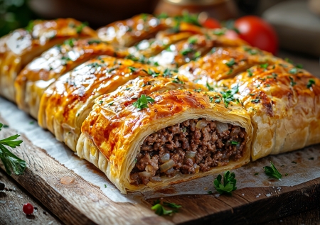 Вкуснее пиццы! Слоеный пирог «Улитка» с мясным фаршем — за 20 минут