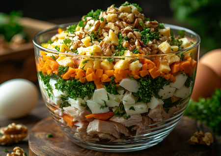 Слоеная вкуснота без майонеза и с хрустинкой — этот салат вы точно полюбите
