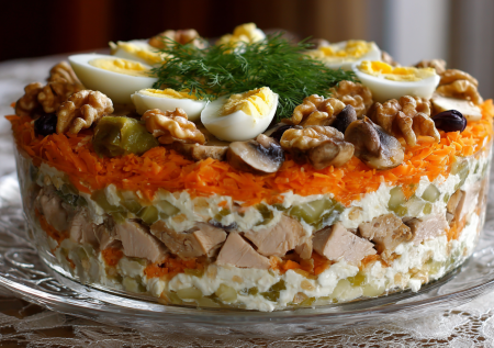 Праздничный салат — как собрать вкусняшку с курицей, грибами и сыром слоями