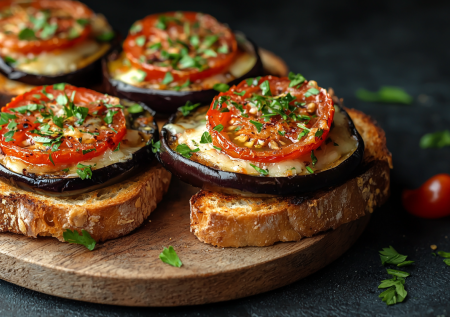 Баклажанные башенки с сыром на хлебе — вкусная закуска с эффектной подачей!