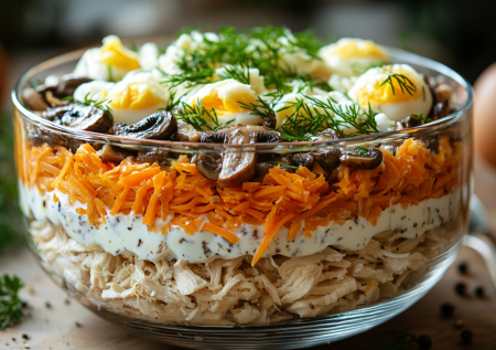 Слоёный салат с куриной грудкой и шампиньонами! Вкуснятина — легко и просто