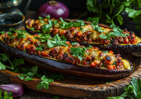 Мясо и гарнир в одном блюде! Запеченные баклажаны с фаршем и рисом