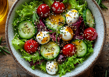 Овощной салат с моцареллой, кунжутом и пикантным соусом — вкусно и просто