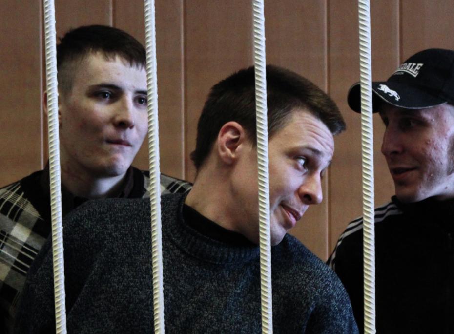 Кирилл Унчук, Леонид Панин и Игорь Березюк, обвиняемые по делу о беспорядках на Манежной площади