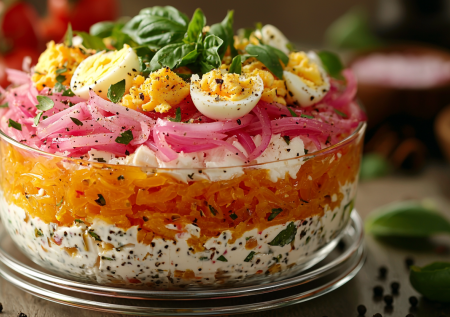 Салат с итальянским характером! Слоеная «Маринара» с курицей и луком