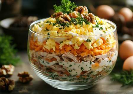 Слоёный салат с копчёной курицей и орехами! Все гости попросят рецепт