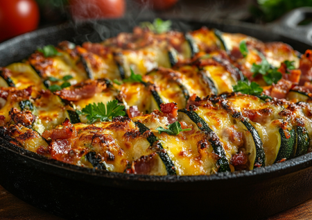 Кабачки-гармошки с сыром и копченой грудинкой — сочные и ароматные!