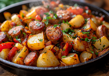 Тушеная картошка с колбасками! Готовим вкуснятину на обед в одной сковороде