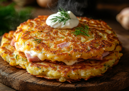 Хрустящие драники с ветчиной и сыром! Золотистые и с тягучим сыром