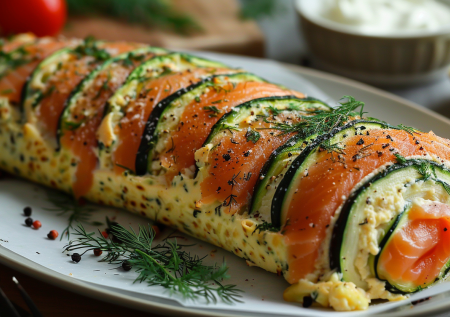 Кабачковый рулет с лососем и творожным сыром. Нежно, красиво и очень вкусно