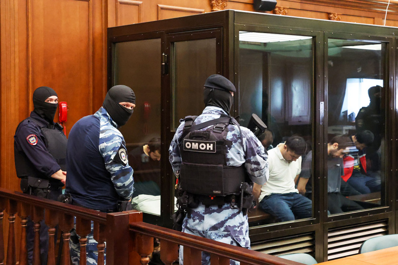 Обвиняемые перед началом заседания 2-го Западного окружного военного суда по рассмотрению по существу уголовного дела о теракте в концертном зале «Крокус Сити Холл»