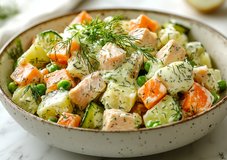 Оливье с копченой курицей и авокадным соусом! Вкуснота для стройности