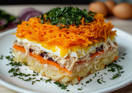 Салат «Курица под шубой» с корейской морковью! Это очень вкусно — пробуйте